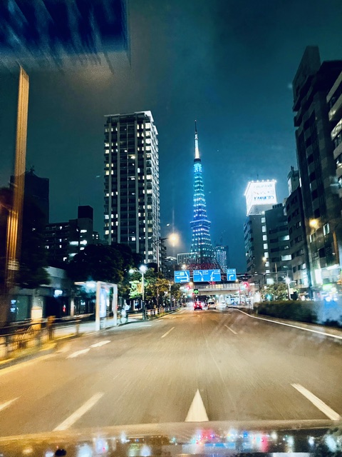 Tokyo Tower seen from a night drive